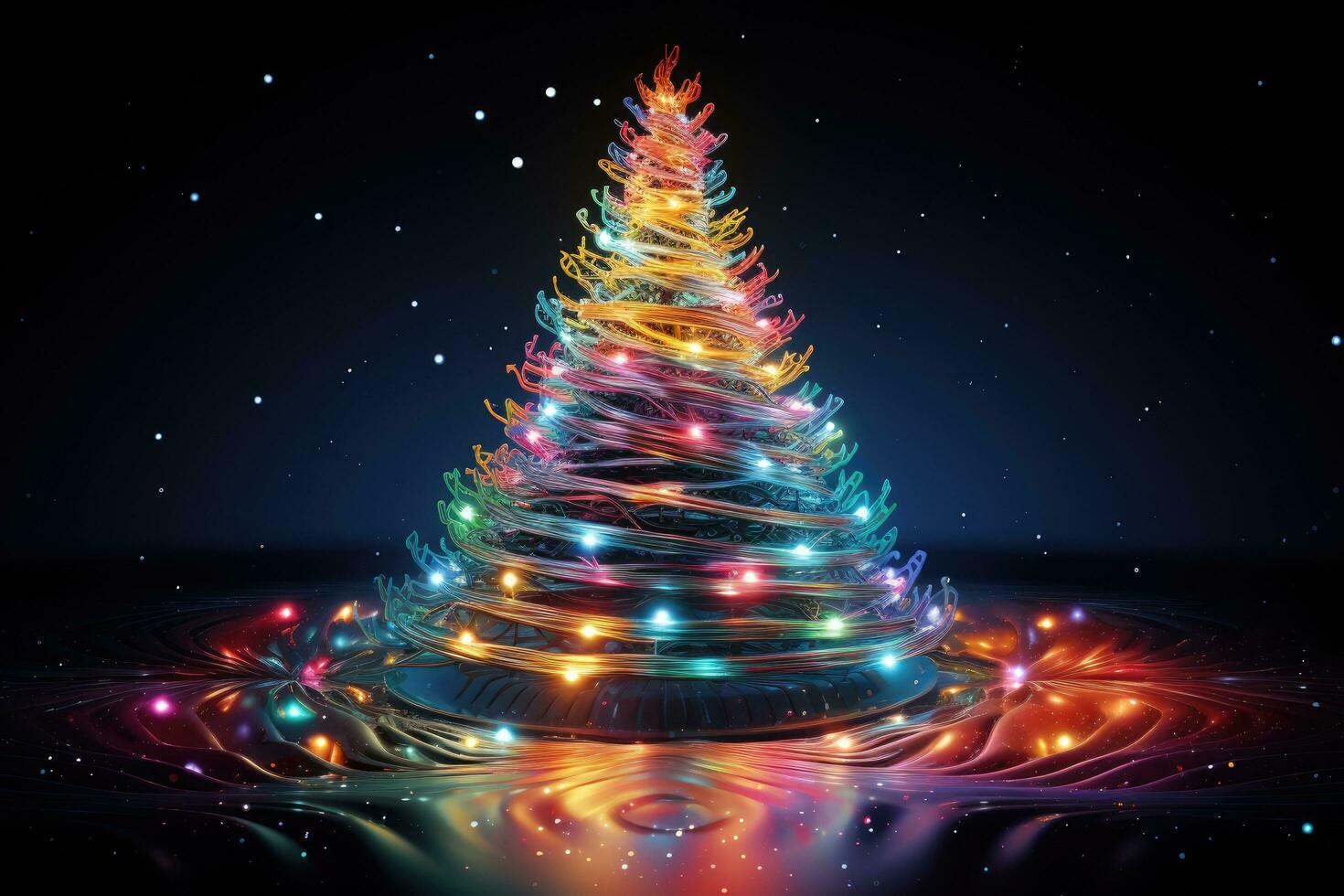 ai generato Natale albero fatto di colorato luci su buio sfondo 3d illustrazione, Natale albero luce, ai generato foto