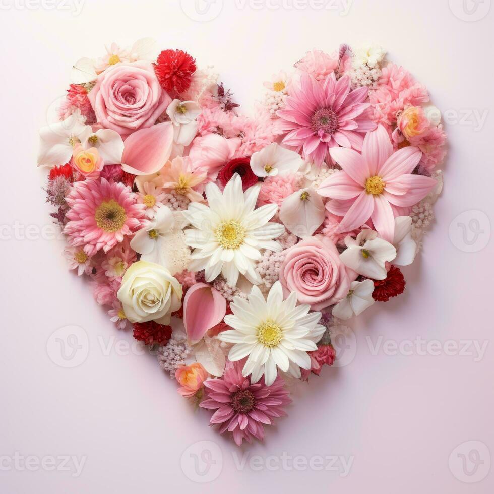 ai generato il cuore è foderato con bellissimo rosa e bianca fiori su un' rosa sfondo foto