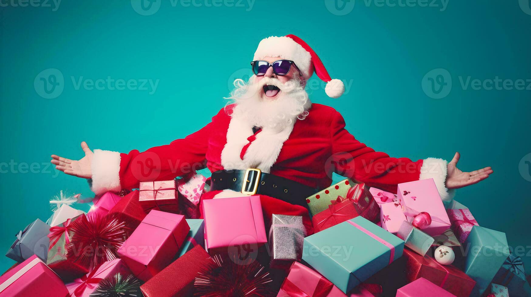 gioviale Santa scoppia a partire dal gigante mucchio di regali nel festivo risata sorpresa. ai generato foto