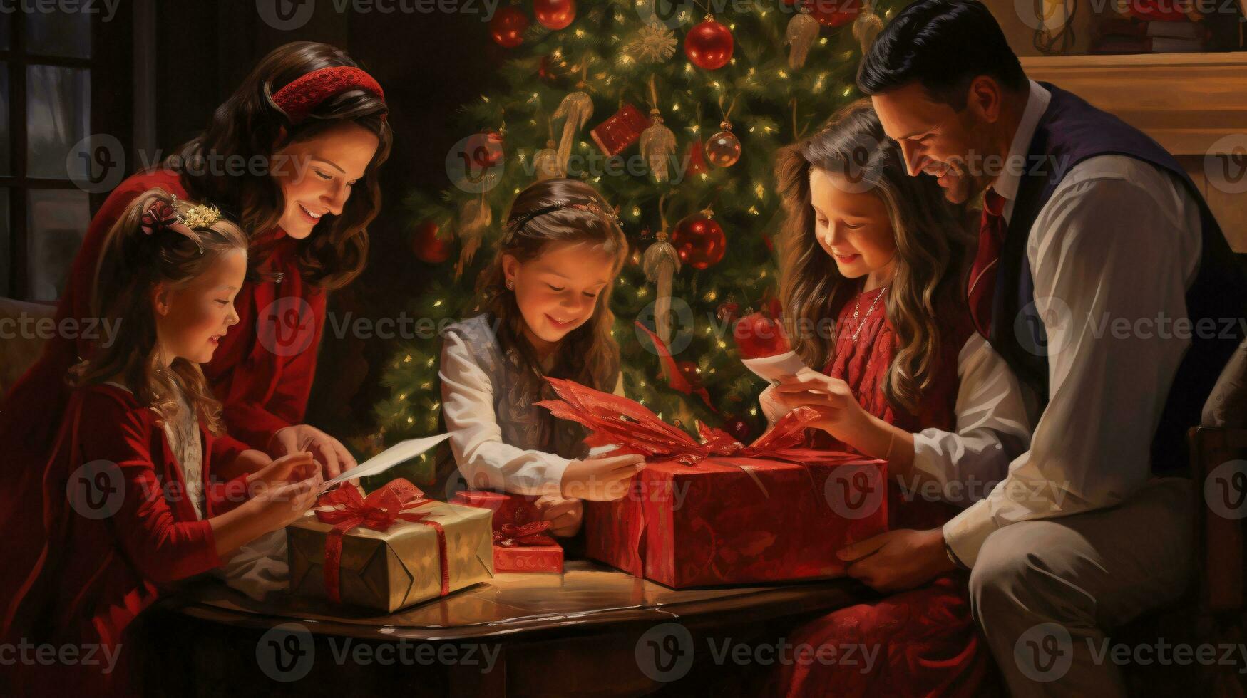 ai generato famiglia tradizioni cattura il commovente momento di un' famiglia si riunirono in giro il Natale albero, scambiare i regali e condivisione risata pieno con la gioia. foto