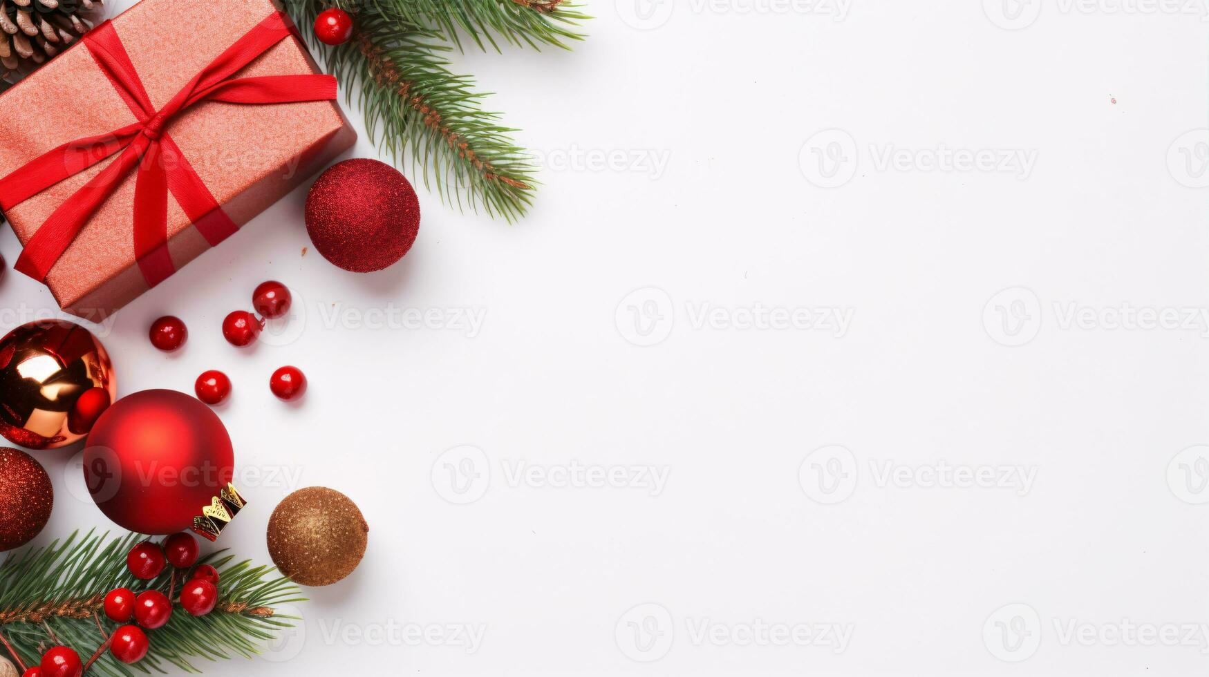 di ispirazione natalizia piatto posare di i regali, abete albero rami, e rosso decorazioni su un' bianca sfondo, offerta un ideale fondale per emblematico vacanza istantanee. foto