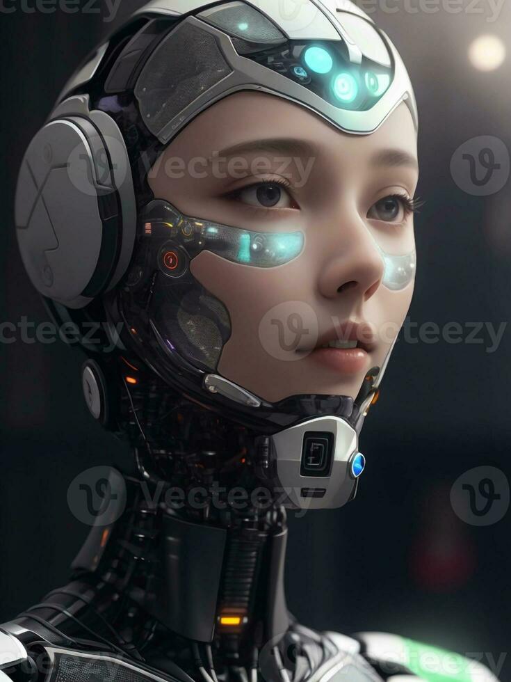 ai generato ai etica donna robot viso Il prossimo generazione foto