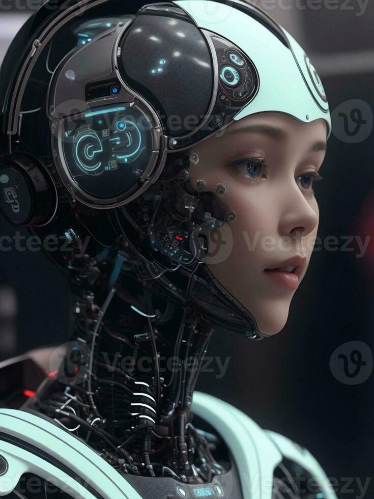 ai generato ai etica donna robot viso Il prossimo generazione foto