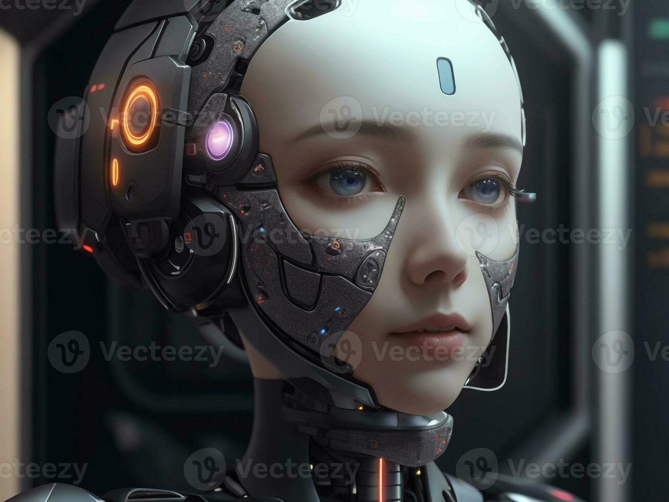 ai generato ai etica donna robot viso Il prossimo generazione foto