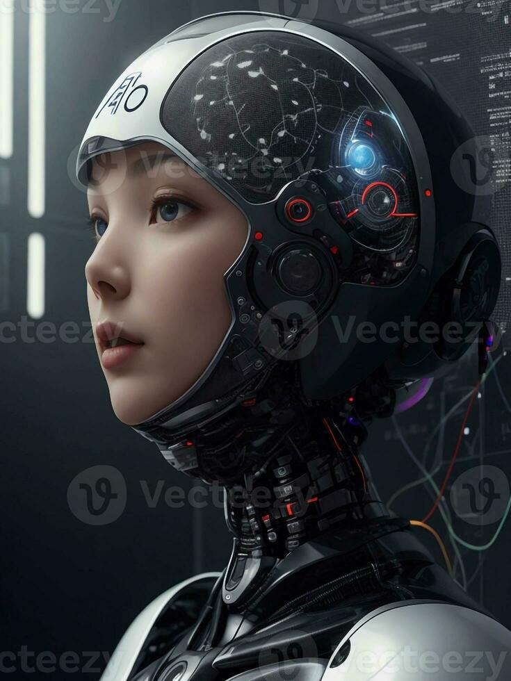 ai generato ai etica donna robot viso Il prossimo generazione foto