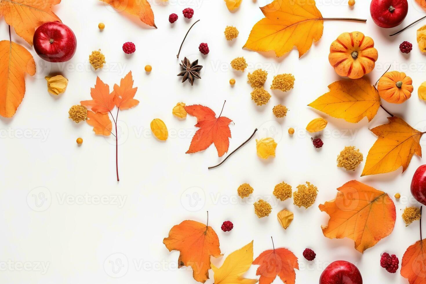 ai generato autunno sfondo con autunno foglie, frutti di bosco e mele foto