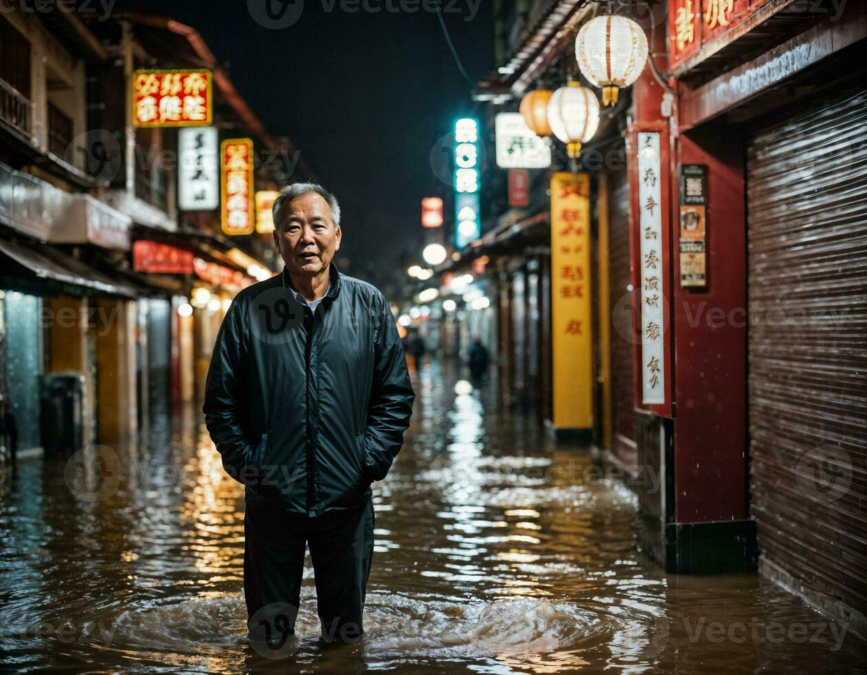 ai generato foto di anziano asiatico donna durante pesante pioggia e alluvione su strada a chinatown strada a notte, generativo ai