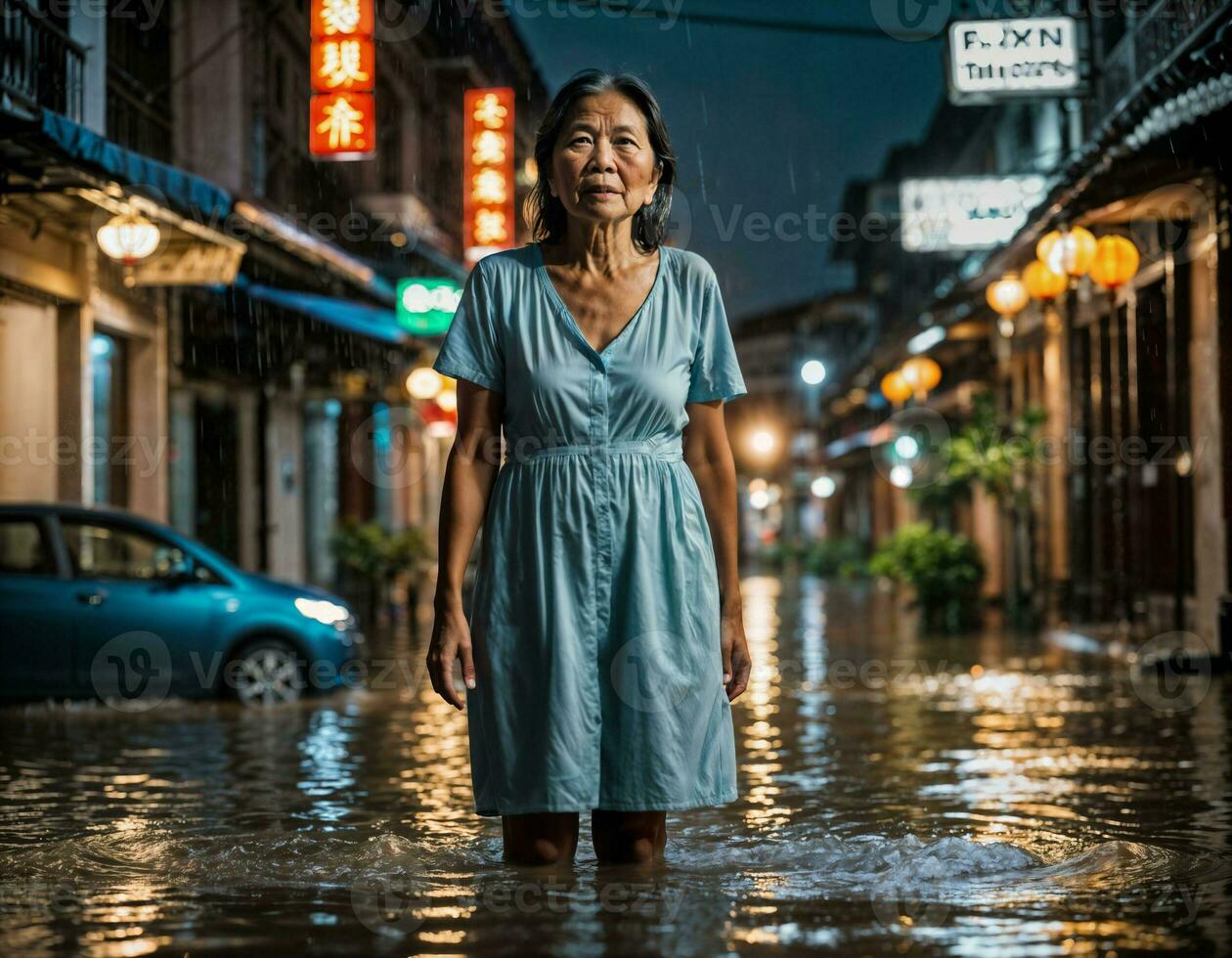 ai generato foto di anziano asiatico donna durante pesante pioggia e alluvione su strada a chinatown strada a notte, generativo ai