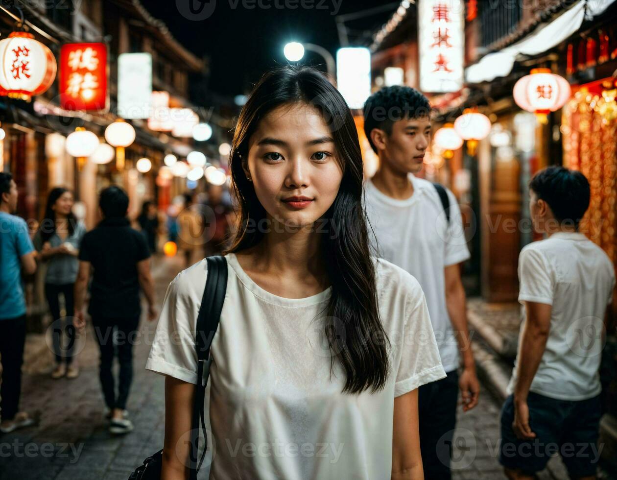 ai generato foto di anziano asiatico donna durante pesante pioggia e alluvione su strada a chinatown strada a notte, generativo ai