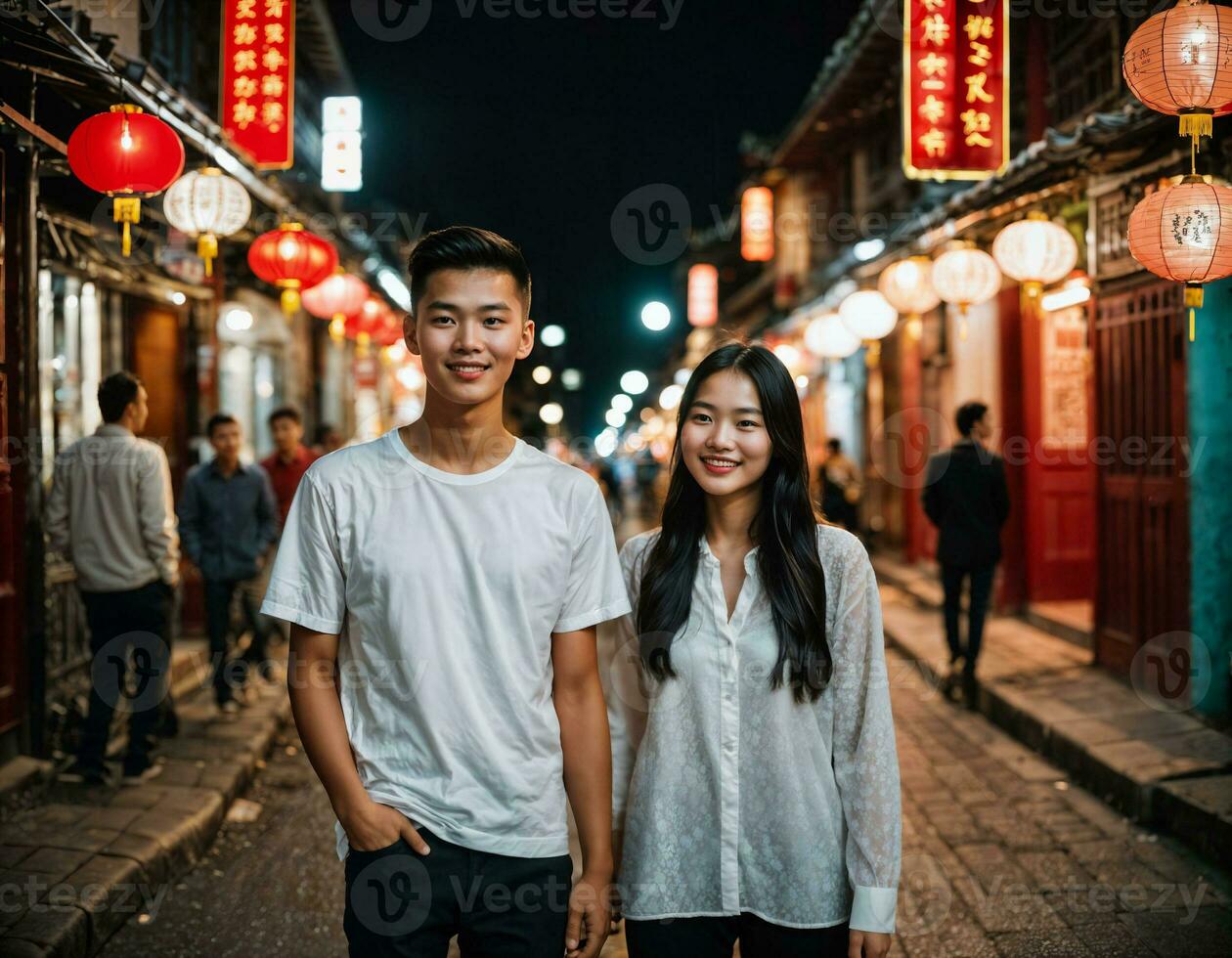 ai generato foto di anziano asiatico donna durante pesante pioggia e alluvione su strada a chinatown strada a notte, generativo ai