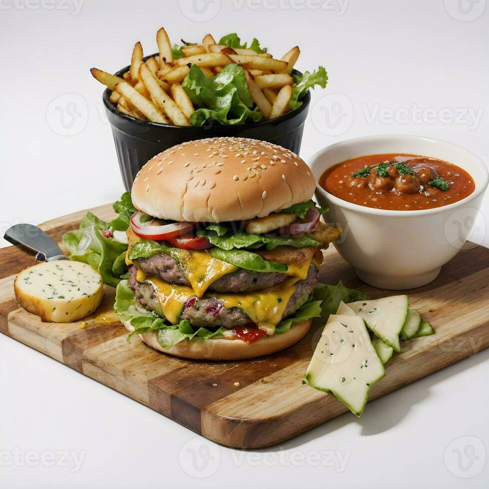 ai generato formaggio hamburger con patatine fritte nel di legno taglio tavola ai generativo foto