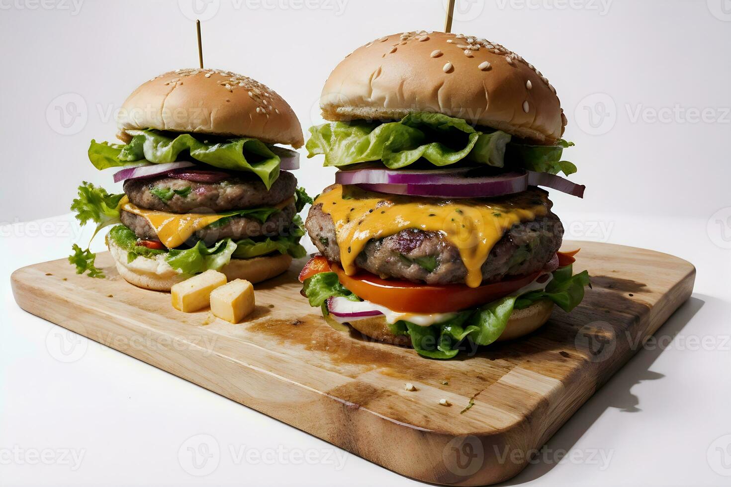 ai generato formaggio hamburger con patatine fritte nel di legno taglio tavola ai generativo foto