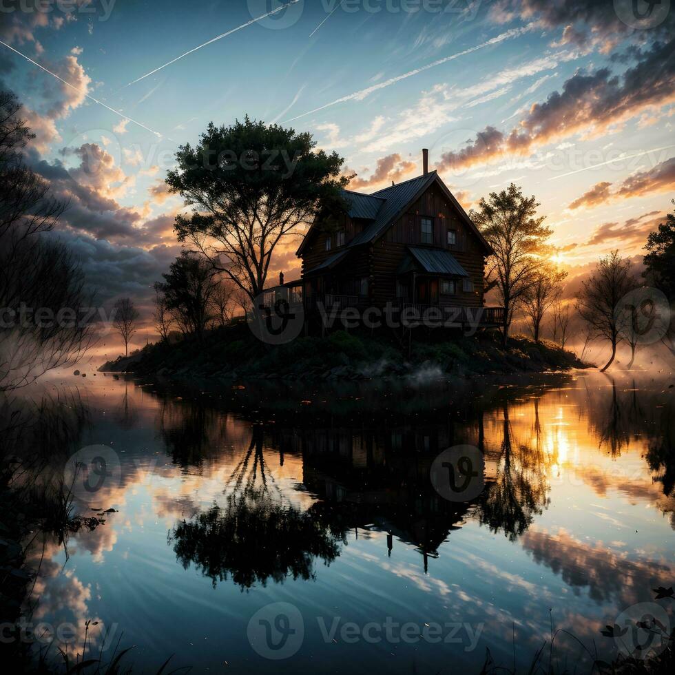 ai generato d'oro ora etereo sognante lago Casa ai generativo foto