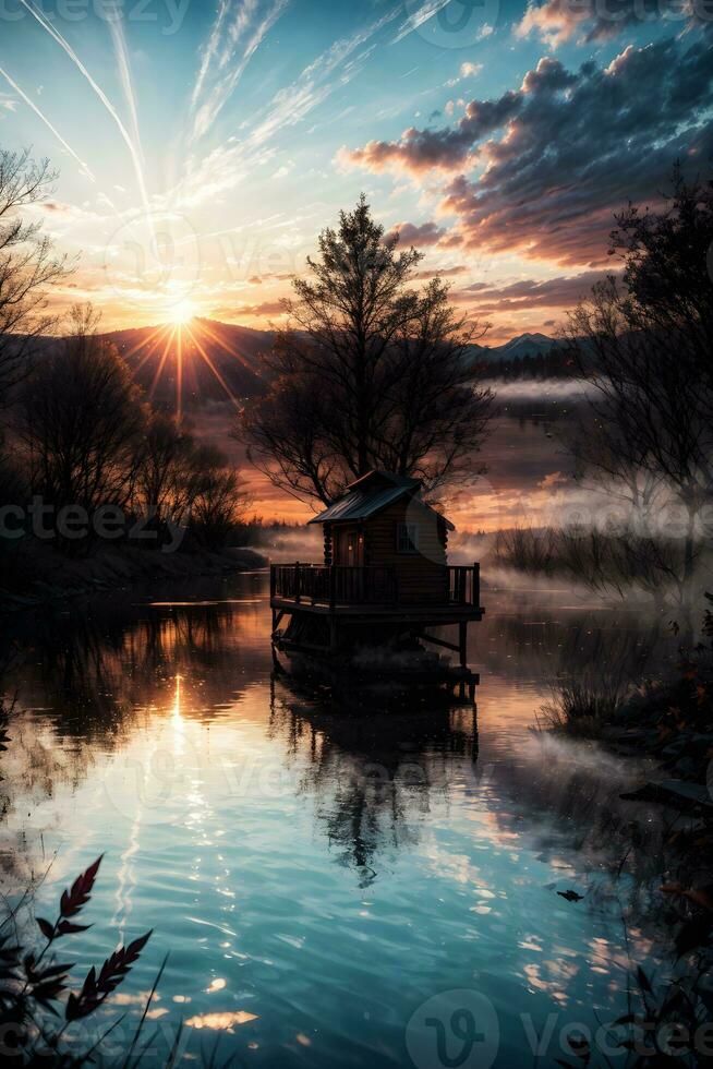 ai generato d'oro ora etereo sognante lago Casa ai generativo foto