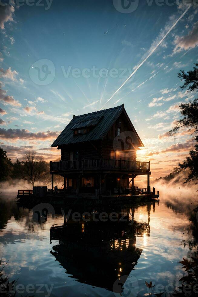 ai generato d'oro ora etereo sognante lago Casa ai generativo foto