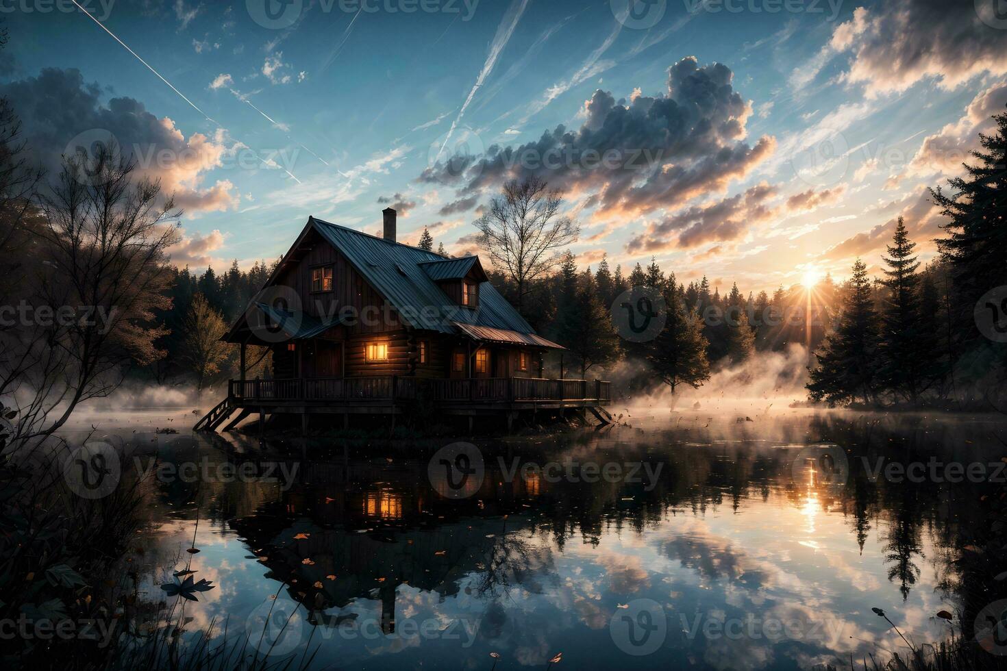 ai generato d'oro ora etereo sognante lago Casa ai generativo foto