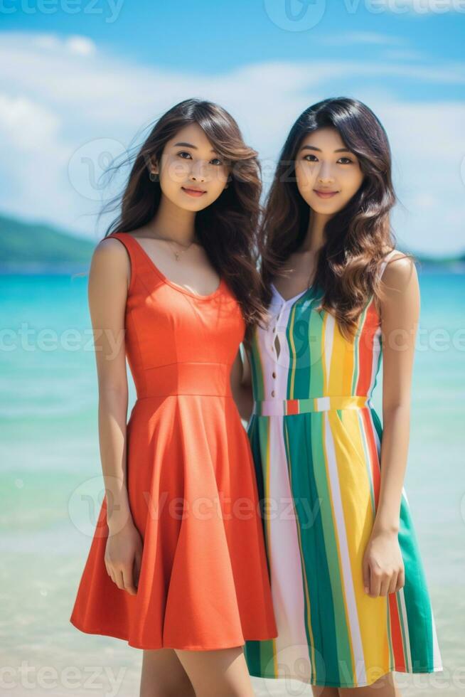 ai generato Due indonesiano donne nel colorato vestiti in piedi su il spiaggia foto