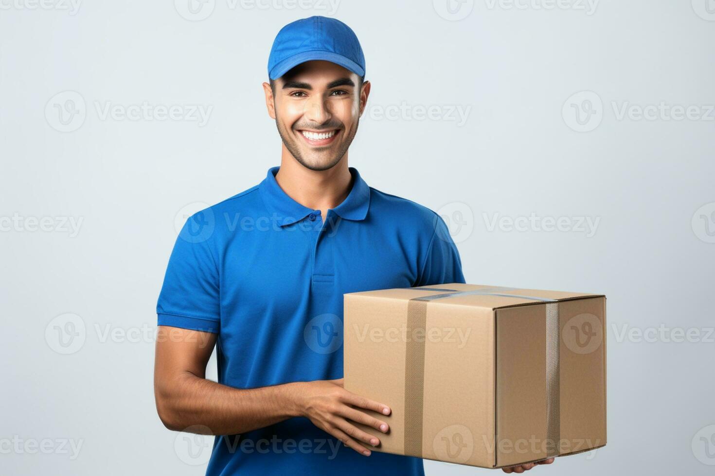 ai generato consegna uomo indossare blu camicia e berretto Tenere cartone scatola su un' bianca sfondo foto