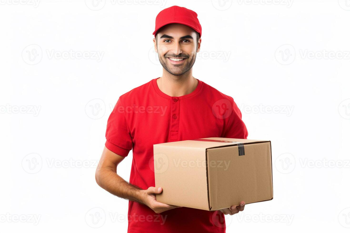 ai generato consegna uomo nel rosso Tenere cartone scatola isolato su un' bianca sfondo foto