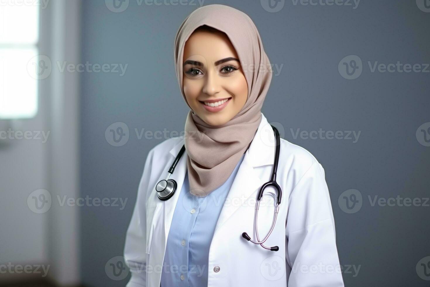 ai generato giovane musulmano donna medico nel bianca cappotto con stetoscopio foto