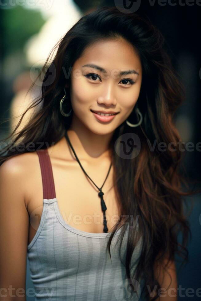 ai generato bellissimo sorridente giovane asiatico donna indossare serbatoio superiore foto