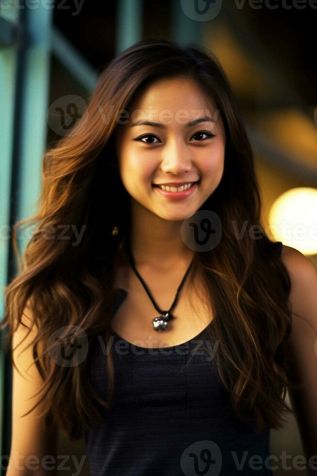 ai generato bellissimo sorridente giovane asiatico donna indossare serbatoio superiore foto