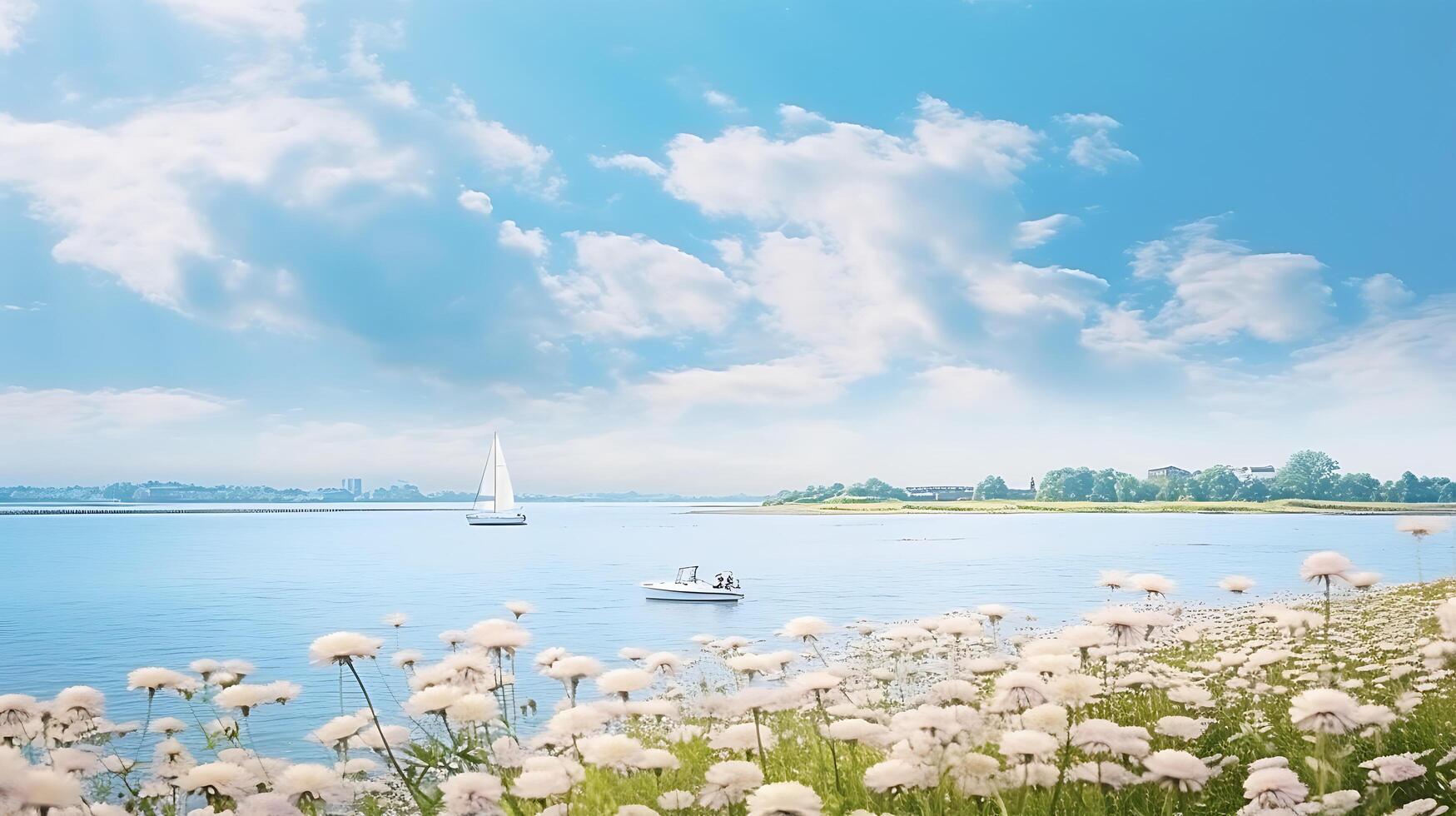 ai generativo fiore panoramico Visualizza di fiume e cielo foto