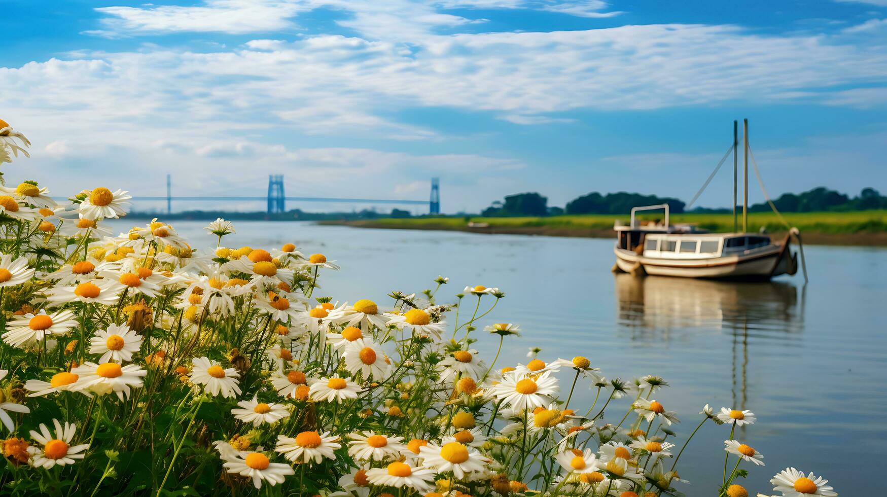 ai generativo fiore panoramico Visualizza di fiume e cielo foto