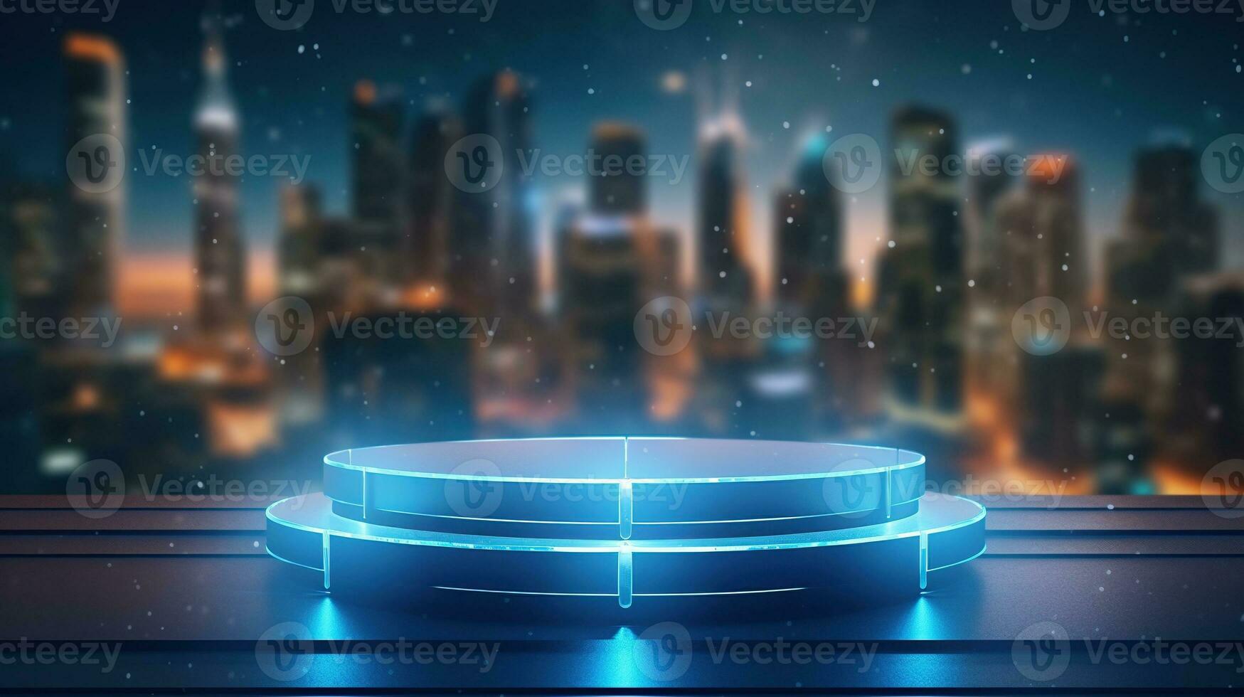 ai generato podio per un' nuovo Prodotto con sfocato luci di il notte città come un' sfondo foto