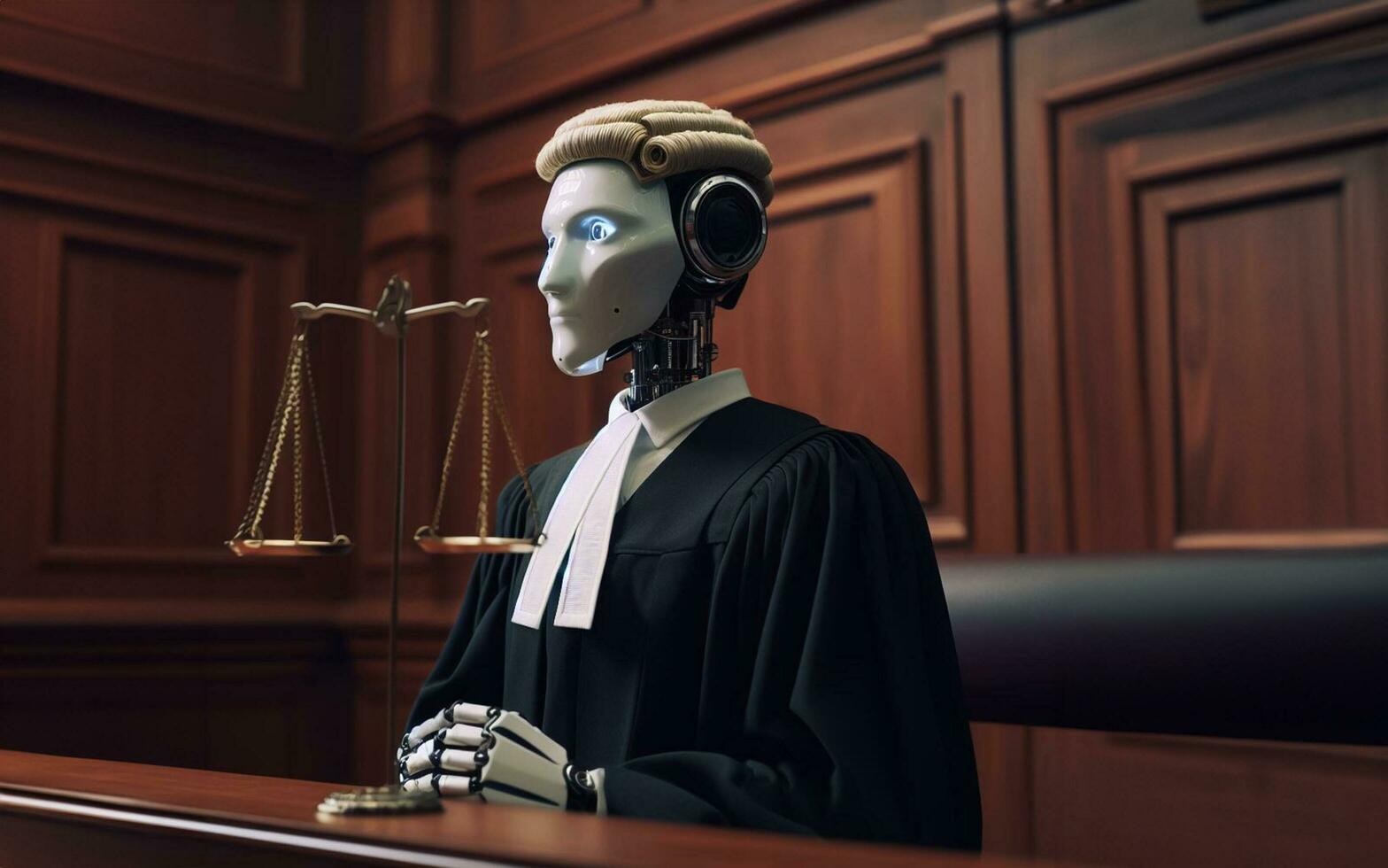 ai generato ai robot giudice decide casi moderno giudiziario sistema giudice con automazione a partire dal androide foto