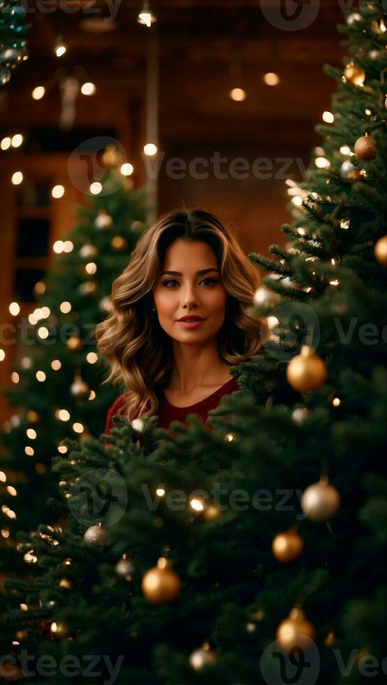 foto di un' bellissimo donna nel un' Natale albero con Natale alberi dietro a sua ai generato