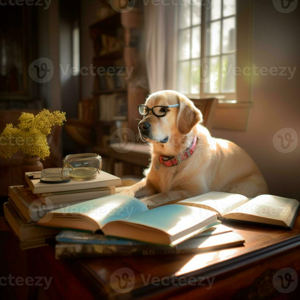 foto di un' carino cane con bicchieri lettura un' libro ai generativo