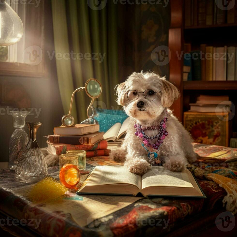 foto di un' carino cane con bicchieri lettura un' libro ai generativo