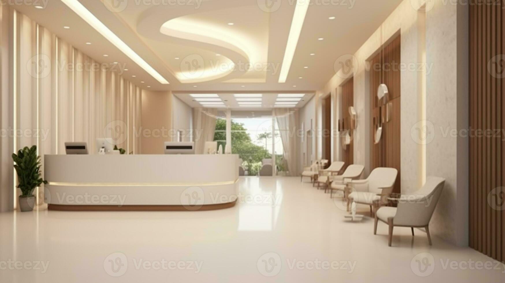 terme o bellezza clinica ricezione. lusso eleganza atrio o davanti scrivania interno design con registrazione contatore, in attesa sedili, corridoio, lusso soffitto con luci e arredamento. generativo ai foto