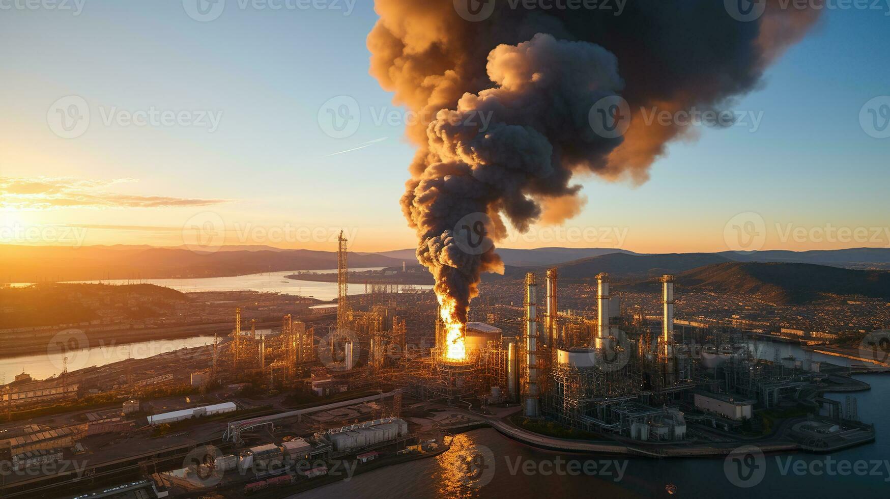 aereo Visualizza per gas bagliore pila di petrolio raffinerie tramonto sfondo, bagliore fossa Torre per gas combustione naturale gas in lavorazione, generativo ai foto