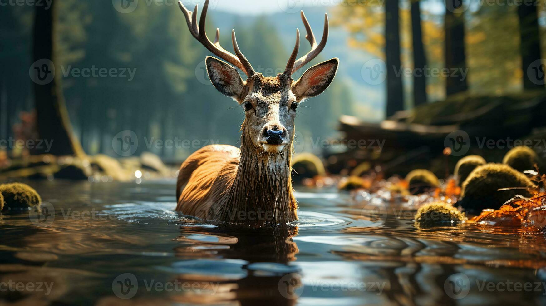 un' sereno cervo guadare attraverso il acqua. generativo ai foto