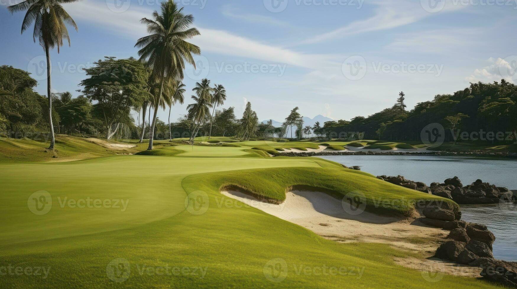 fairway per Paradiso. paesaggio di un' bellissimo verde golf corso con blu cielo. generativo ai foto