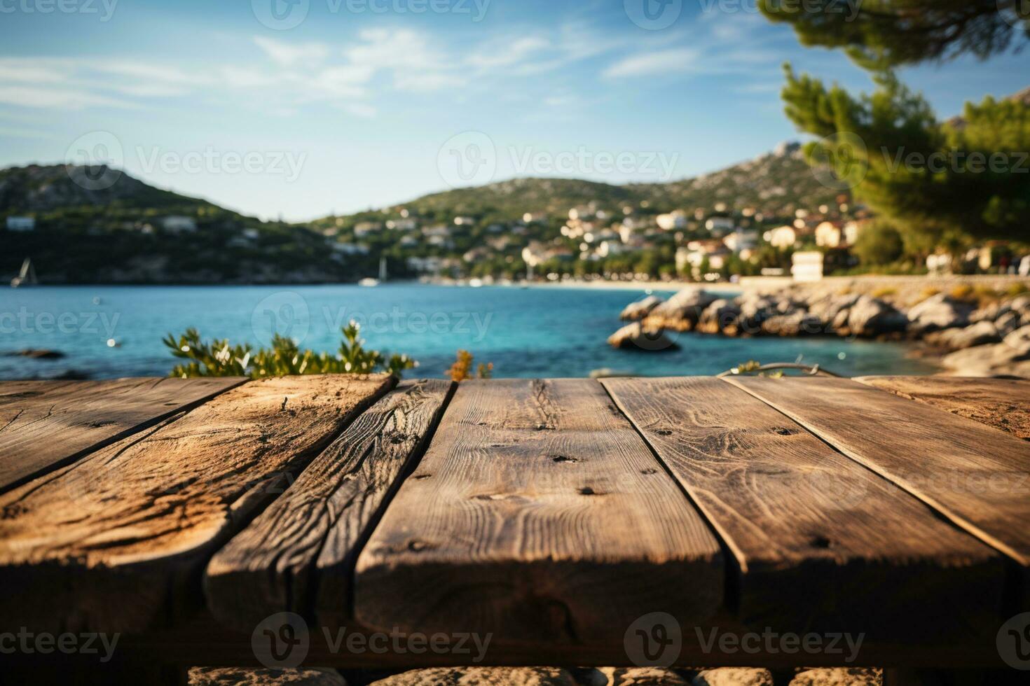 di legno piattaforma o podio con lago e natura sfondo, Prodotto posizionamento ai generato foto