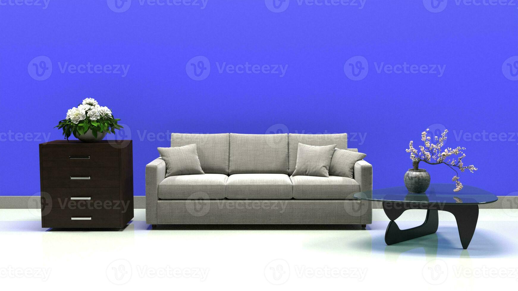 moderno e lussuoso divano con tavolo e floreale decorazione. colorato parete sfondo. foto