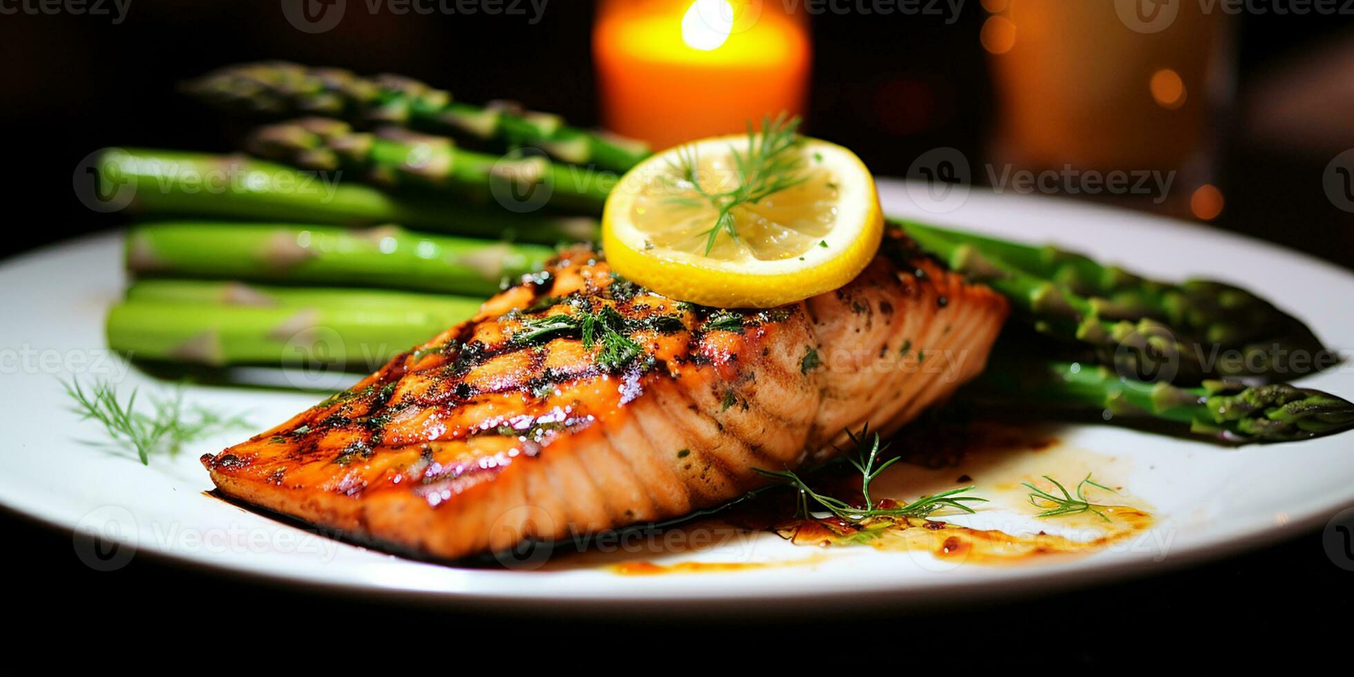 ai generato salmone bistecca, grigliato rosso pesce servito su un' piatto con Limone e asparago. estetico Immagine per ristorante, menù. foto