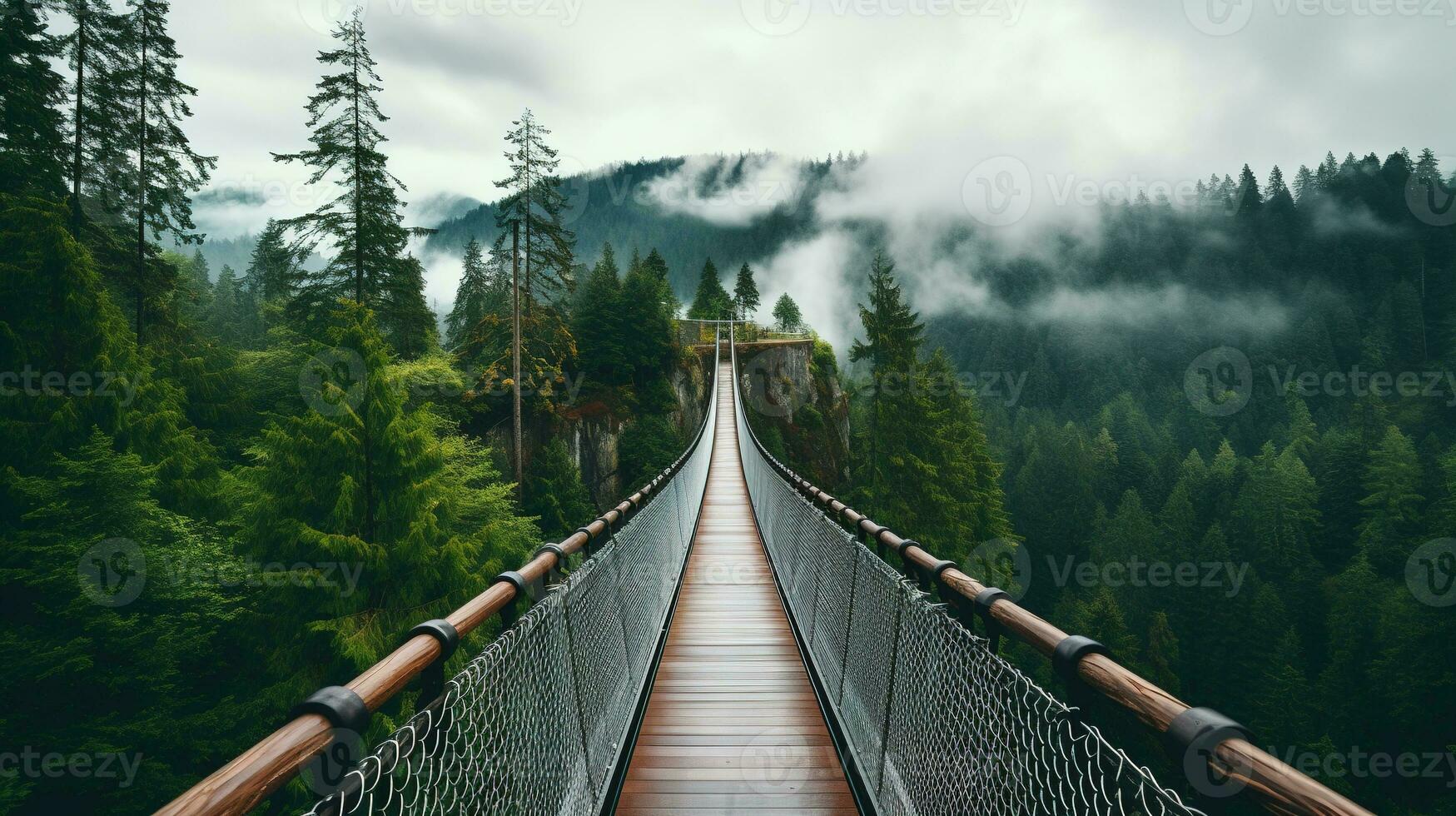 ai generato generativo ai, cima dell'albero imbarco ponte su nebbioso abete foresta bellissimo paesaggio nel fricchettone Vintage ▾ retrò stile, nebbioso montagne e alberi. foto