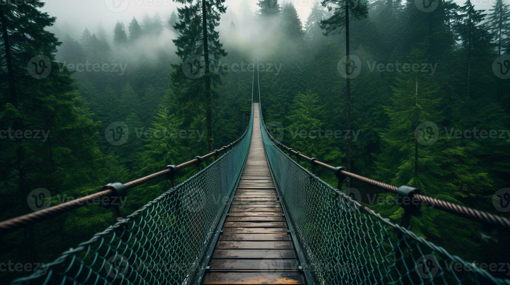 ai generato generativo ai, cima dell'albero imbarco ponte su nebbioso abete foresta bellissimo paesaggio nel fricchettone Vintage ▾ retrò stile, nebbioso montagne e alberi. foto