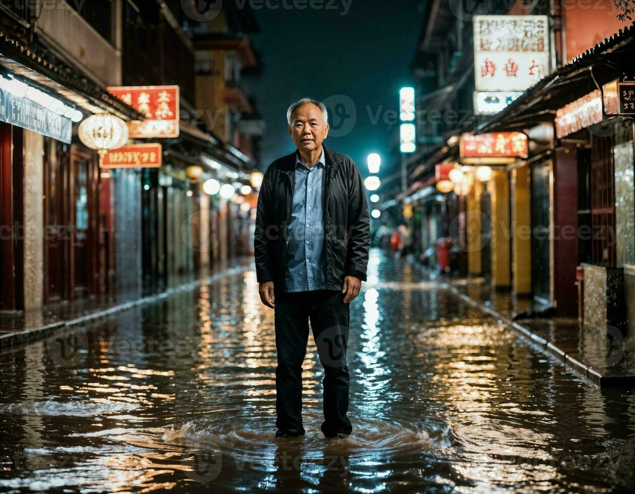 ai generato foto di contento bellissimo giovane adolescenziale amante coppia asiatico a chinatown strada a notte, generativo ai