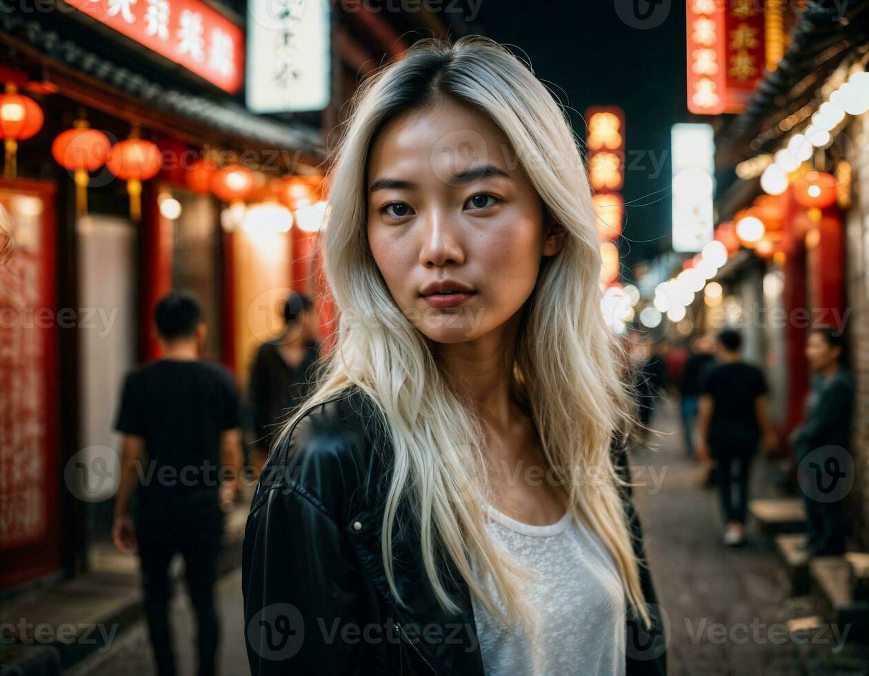 foto di bellissimo giovane ragazza nel Cina Locale strada mercato a notte, generativo ai