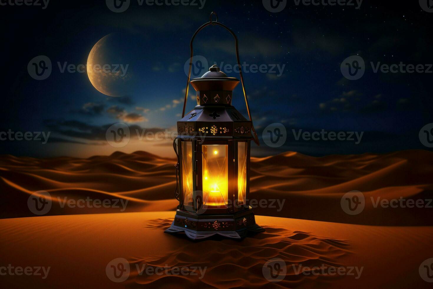 Esposto alle intemperie Ramadan lanterna nel deserto. creare ai foto