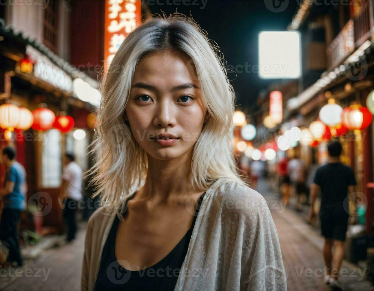 foto di bellissimo giovane ragazza nel Cina Locale strada mercato a notte, generativo ai