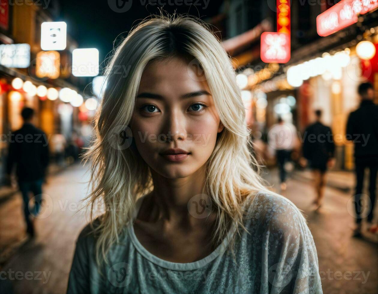 foto di bellissimo giovane ragazza nel Cina Locale strada mercato a notte, generativo ai