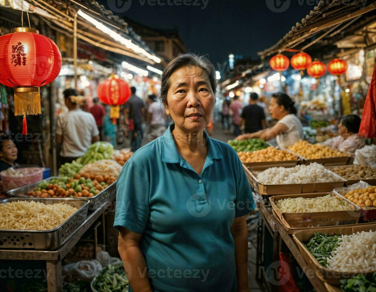 foto di anziano vecchio venditore donna nel Cina Locale strada mercato a notte, generativo ai