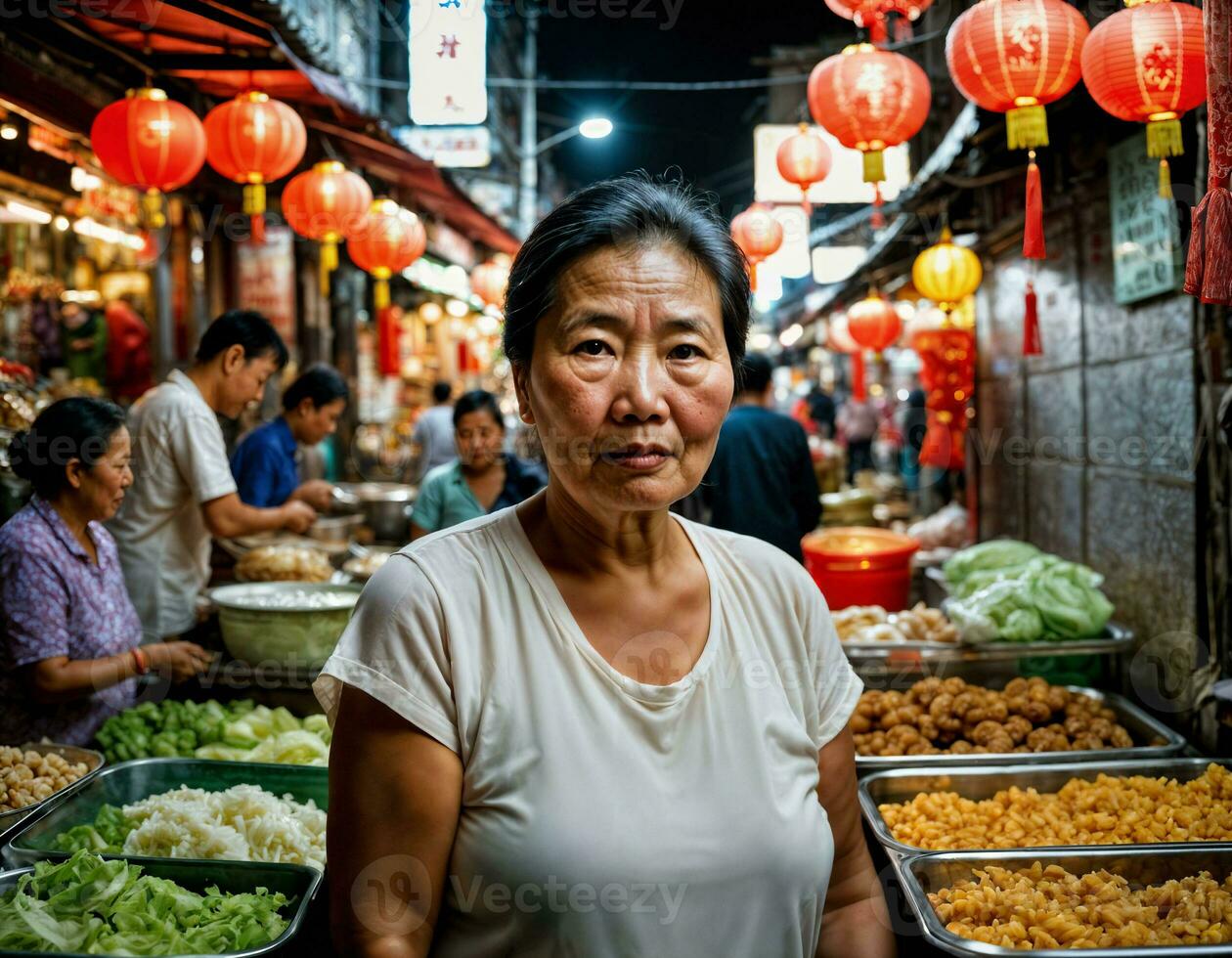 foto di anziano vecchio venditore donna nel Cina Locale strada mercato a notte, generativo ai