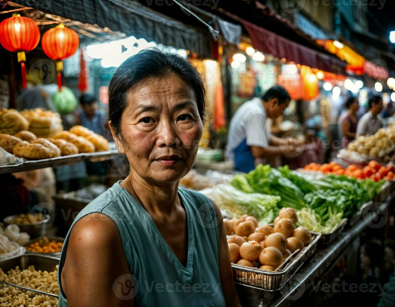 foto di anziano vecchio venditore donna nel Cina Locale strada mercato a notte, generativo ai